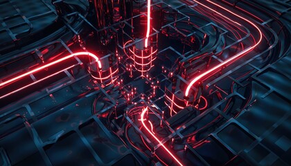Futuristic Circuitry with Glowing Red Energy Pathways and Dark Metallic Structures