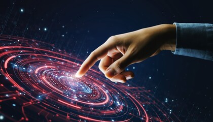 Human Finger Interacting with Futuristic Digital Interface Glowing with Red and Blue Data Streams