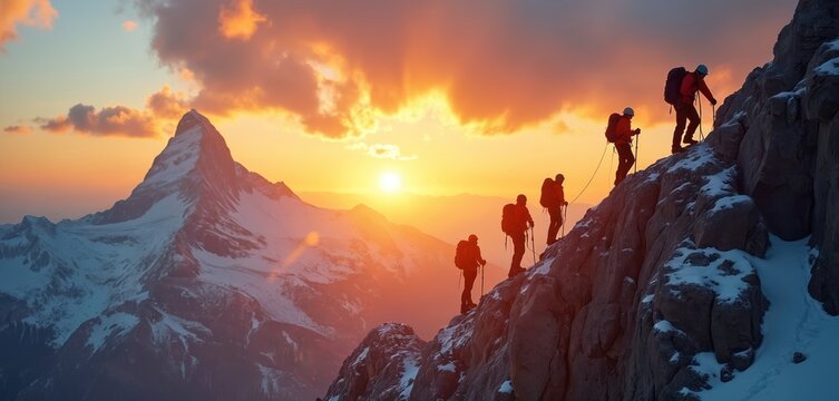 Group of hikers climb steep mountain peak at sunrise. People help each other reach summit on snowy cliff face during active adventure trip. Teamwork and partnership. - Powered by Adobe