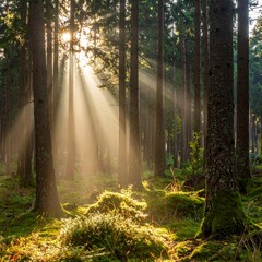Sun rays stream through a verdant forest, illuminating trees and moss-covered ground in a serene, natural scene