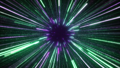 Abstract Digital Tunnel of Neon Light Streaks and Tiny Particles Moving at High Speed Towards a Dark Center