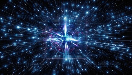 Digital Circuitry Exploding with Data and Light, Futuristic Technology Concept