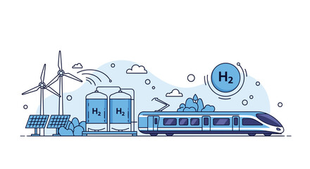 Naklejka premium Green hydrogen production fuels a modern train, illustrating sustainable energy for future transportation.