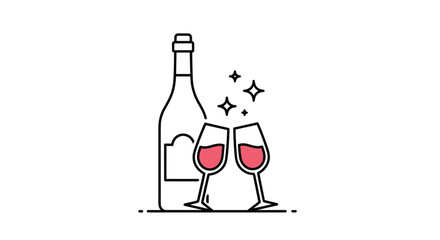 Minimalist illustration of a wine bottle and two clinking wine glasses with red liquid and sparkles, symbolizing a toast or celebration.