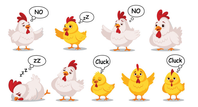 A collection of cute cartoon chickens and chicks in various emotional states, from saying 'NO' and sleeping to happy 'Cluck' sounds.