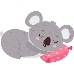 Cute grey koala sleeping peacefully on a pink polka dot pillow with a transparent background perfect for children's designs and educational content