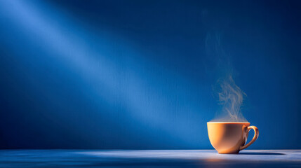 Warm orange cup with steaming hot beverage illuminated by soft sunlight against a deep blue textured background creating a serene morning atmosphere