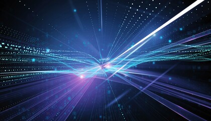 Abstract Digital Data Stream with Blue and Purple Light Trails and Binary Code