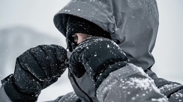 Person in winter gear outdoors snowy environment protection