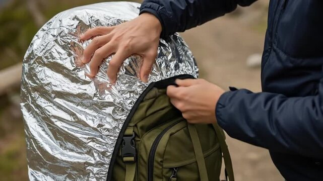 Person securing backpack cover outdoors daytime adventure preparation