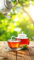 Tea poured into cup, sunny green backdrop