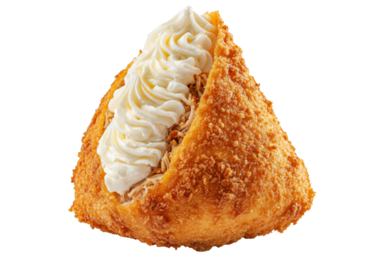 Crispy Brazil coxinha snack filled with shredded chicken croquettes and creamy cheese, isolated on white transparent background, concept of South American Cuisine