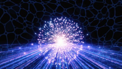 Explosion of Glowing Light Streaks and Particles Against a Dark Abstract Background