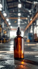 Amber spray bottle in an industrial, blurry setting