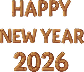 Wooden Happy New Year 2026 text design isolated on white background