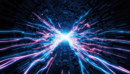 Futuristic Data Tunnel with Blue and Pink Light Streams