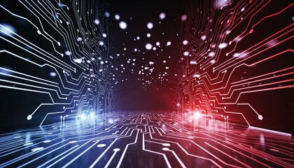 Digital Futuristic Circuit Board Tunnel with Blue and Red Lights and Particles