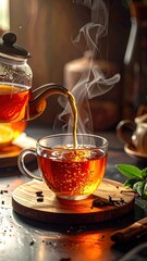 Steaming tea pours from teapot into glass cup