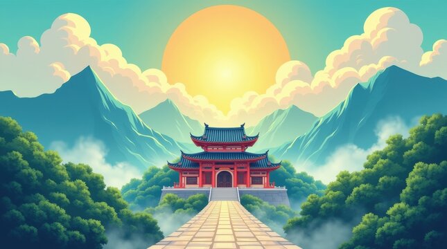 Ancient chinese temple nestled in misty mountains under a bright sun