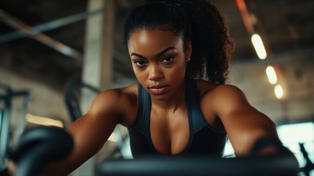 Determined young woman working out on rowing machine in gym