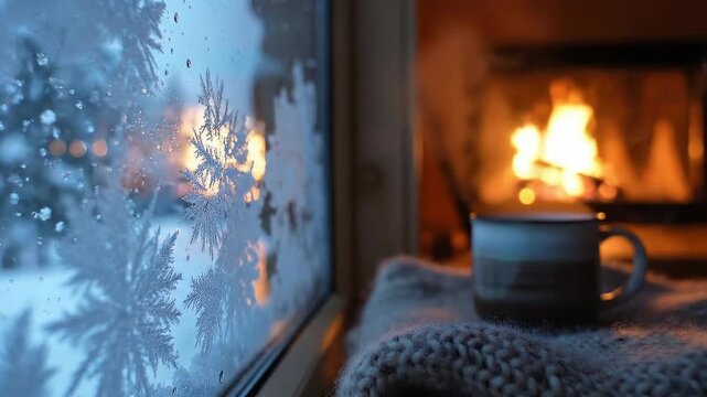 Winter Warmth: Cozy Fireplace Scene with Frosted Window