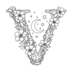Flower V coloring page. Elegant floral alphabet zentangle illustration. Letter V decorated with night-blooming flowers, vines, leaves, a crescent moon, and stars. Coloring page for adults