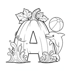 Dolphin A coloring page. Cute marine animal pumpkin alphabet illustration. Happy dolphin leaping out of the water next to a letter A shaped like a pumpkin. Autumn coloring page for kids