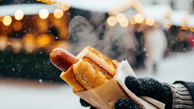 A hand in a glove holds a steaming hot dog wrapped in golden pastry, set against a blurred background of twinkling market lights in a snowy, festive atmosphere - french hot dog
