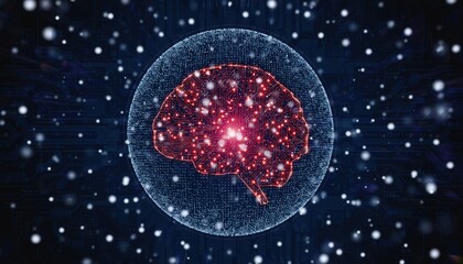 Digital Brain in Neural Network Sphere, Glowing Red Circuits and White Particles on Dark Blue Background