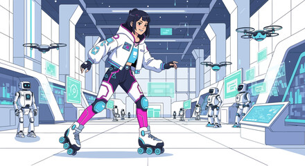 Obraz premium Rollerblading through a futuristic lab with robots and drones exploration