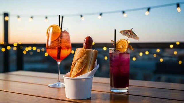 A vibrant sunset scene featuring two colorful cocktails adorned with citrus slices and an umbrella, alongside a hot dog, set against twinkling string lights above - french hot dog