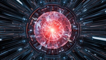 Futuristic Sci fi Portal with Glowing Earth and Mechanical Ring Structure