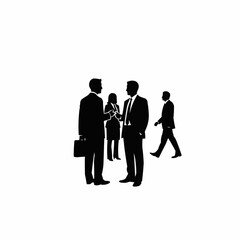 Silhouettes of business people engaging in discussions and walking, depicting professional interactions.