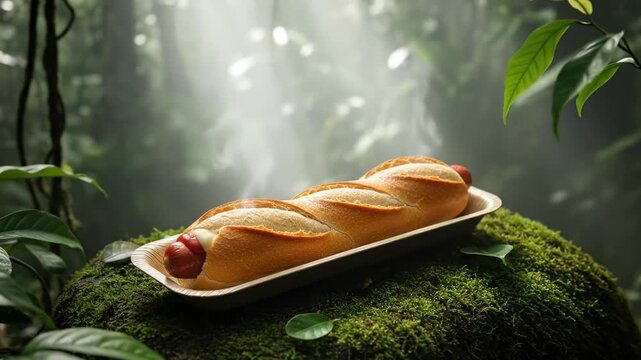 A freshly grilled hot dog placed on a green mossy surface in a misty forest, with steam rising, creating a vibrant contrast between nature and comfort food - french hot dog