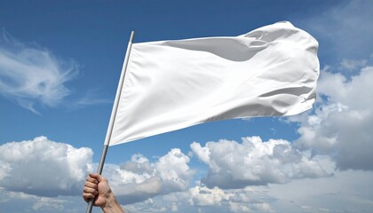 Blank White Flag Waving on Cloudy Blue Sky