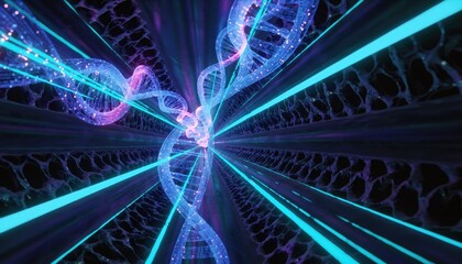 Abstract Digital Dna Helix with Glowing Cyan Light Beams and Network Grid