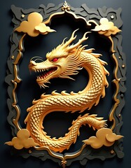 Fototapeta premium Gold dragon illustration on black backdrop with ornate frame and gold clouds. Artistic design shows Asian mythology creature. Cartoon dragon with fire breathes strength power and fantasy