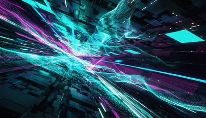 Abstract Digital Data Stream Flowing Through Futuristic Network Structures in Neon Blue and Pink