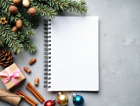 Blank notebook with christmas decorations and pine cones on gray background - Powered by Adobe