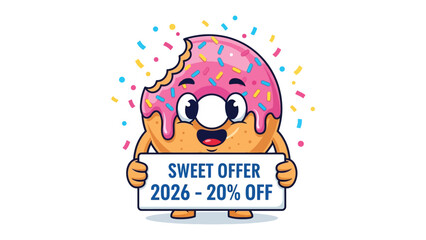 Sweet Offer: An adorable donut character offers a Sweet Offer with colorful sprinkles and a tempting bite taken. A cheerful scene full of treats. 