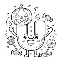 Candy U coloring page. Kawaii Halloween alphabet illustration. Happy cartoon letter U with a grinning jack-o'-lantern on its head, surrounded by candy. Fun activity for children