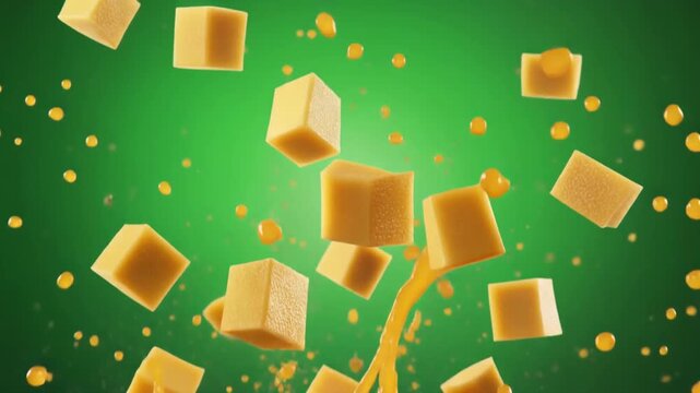 Juicy mango cubes splashing in fresh juice against a vibrant green backdrop, perfect for summer promotions and healthy lifestyle campaigns