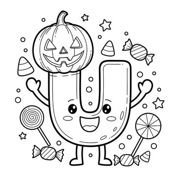 Candy U coloring page. Kawaii Halloween alphabet illustration. Happy cartoon letter U with a grinning jack-o'-lantern on its head, surrounded by candy. Fun activity for children