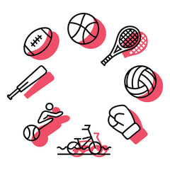 Sports equipment vector illustration collection with various items in a circular layout