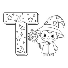 Little wizard and letter T coloring page. Magic fantasy cartoon illustration. Cute boy in a wizard hat casting a spell next to a star and moon-decorated letter T. Imaginative activity for children