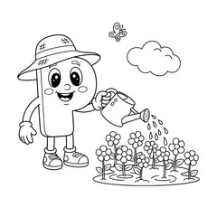 Gardener number 9 coloring page. Happy character cartoon illustration. Smiling number 9 with a watering can tending to a row of blooming flowers. Educational printable activity for children