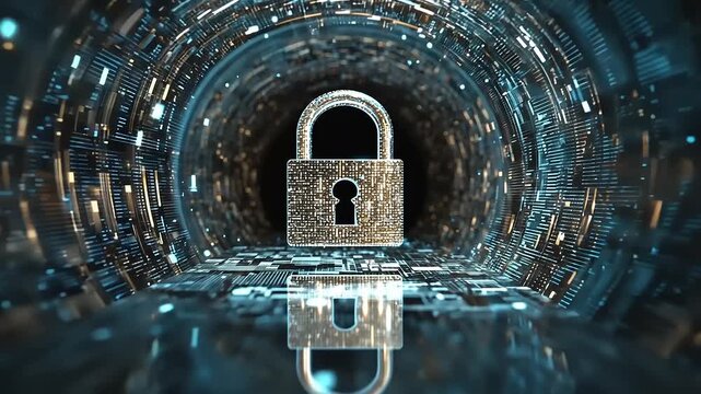 Digital lock secured in a futuristic tunnel of data, symbolizing cybersecurity and privacy protection