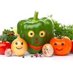 A collection of smiling vegetables arranged together on a white background