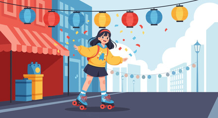 Cartoon illustration showcasing urban celebration with roller skating girl and festive decorations