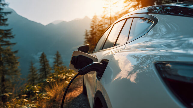 White electric car charging at mountain roadside during golden hour with scenic forest and sunrise in the background showcasing sustainable travel concept